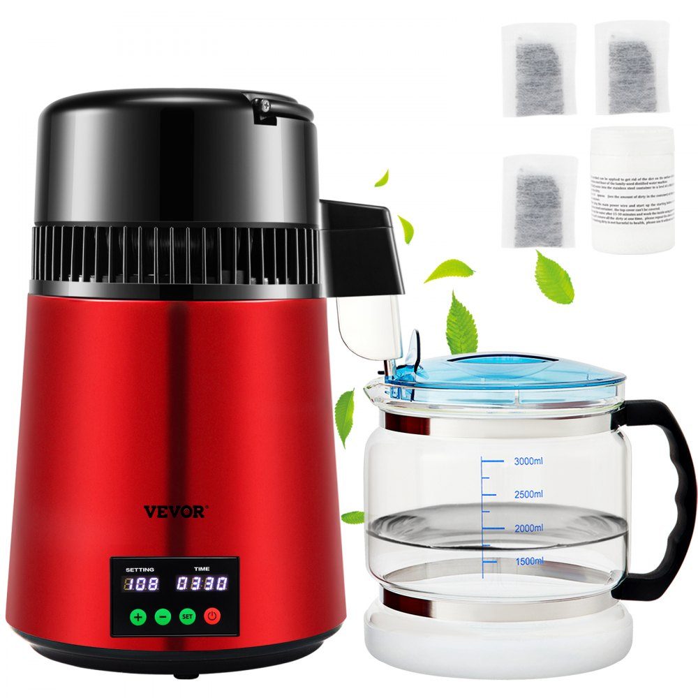 Water Distiller, 1L/H Household Red Water Distiller, Distilled Water 750W, Double Screen Stainless Steel Distiller System with Glass Jug, Distills Pure Water