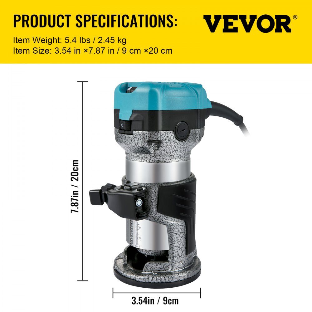 Electric Hand Router 800W, One-Hand Router 30000 RPM, Wood Edger, 3 Collet, Soft Start, Aluminum Alloy, Speed ​​Control, Electric Router Woodworking