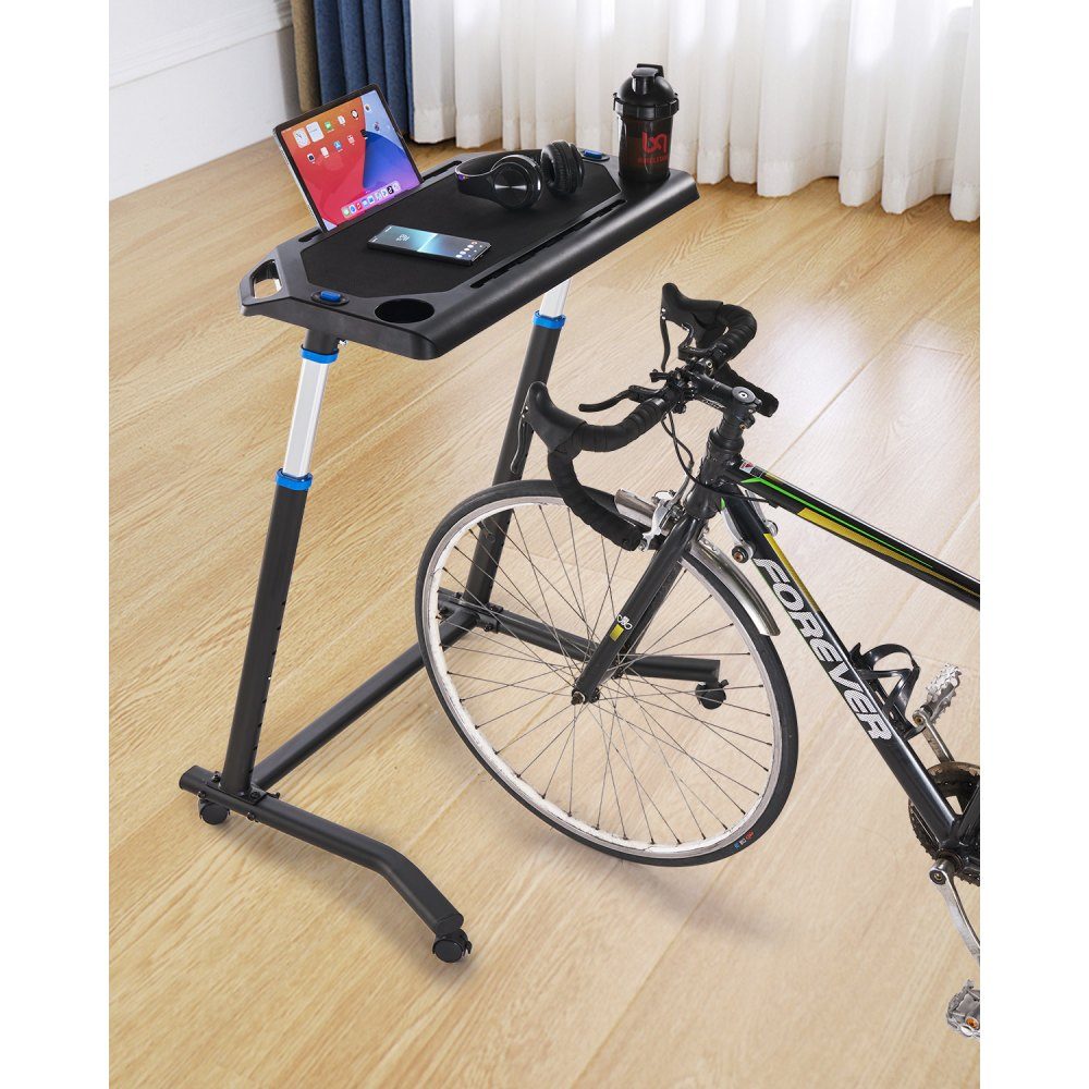 Table de vélo stationnaire pliante réglable pour entraîneur de vélo et table de tapis roulant avec roues verrouillables, table de fitness antidérapante avec plusieurs fentes pour entraîneur de vélo et guidon