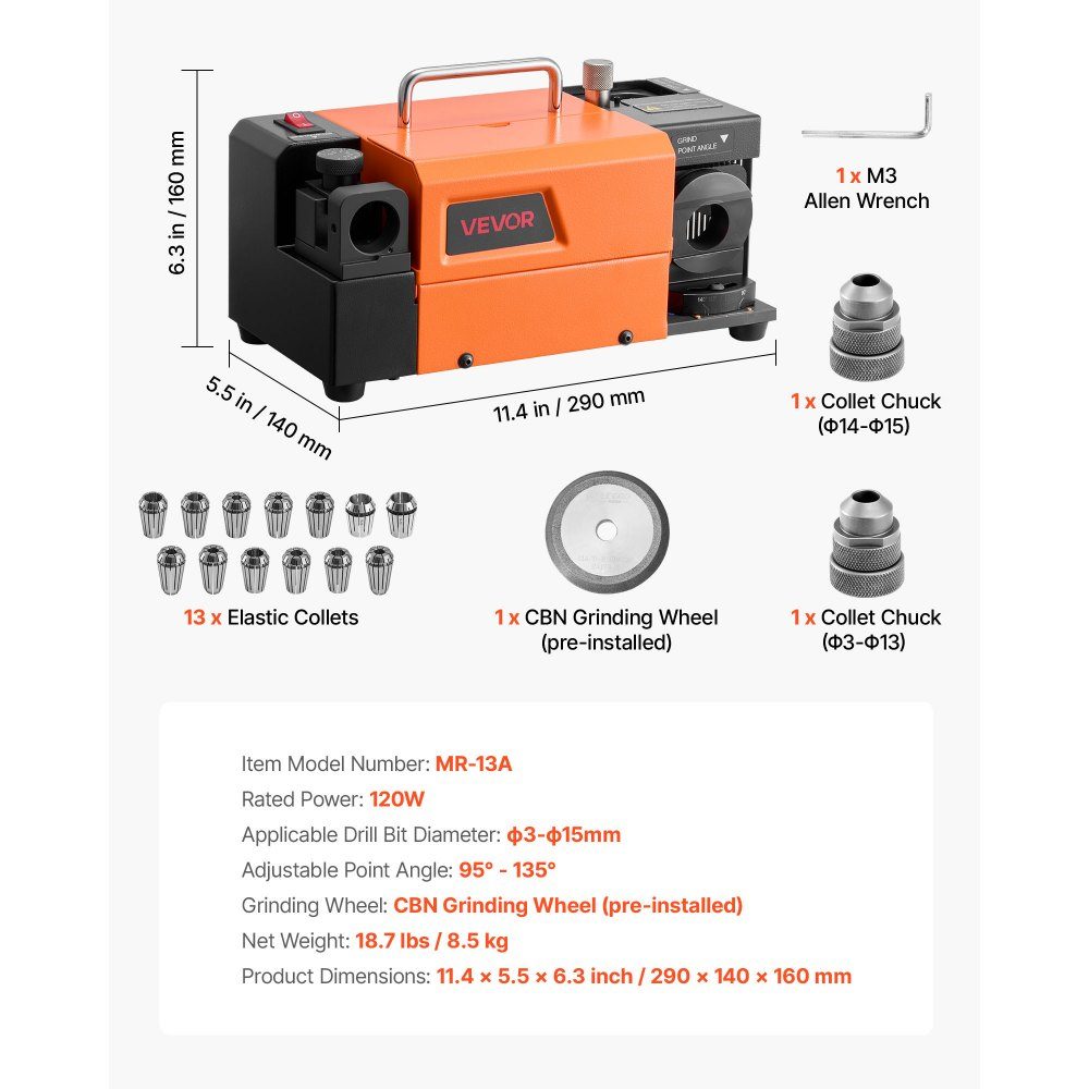 Meuleuse de foret MR-13A 3-15 mm avec angle de pointe réglable de 95° à 135°, machine de réaffûtage à grande vitesse de 4600 tr/min avec 13 pinces et meule CBN pour ateliers et garages – Réf. HT-23462