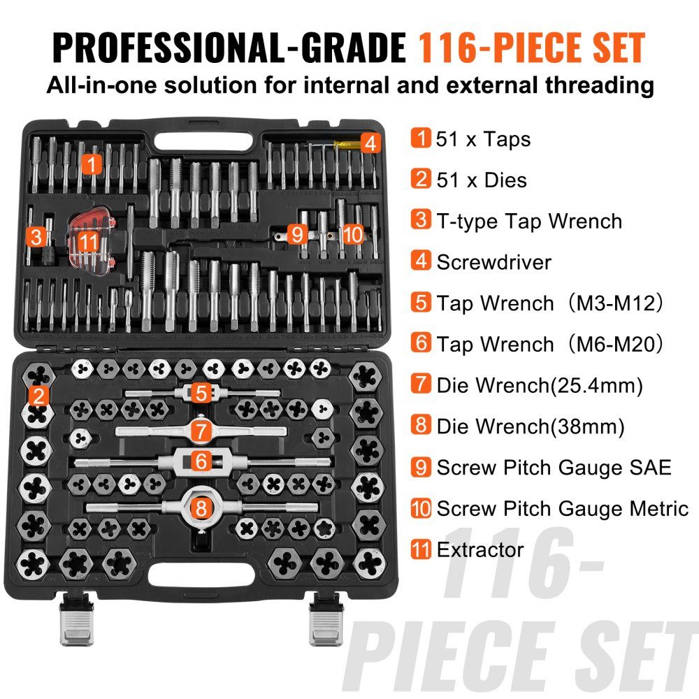 Tap machine tap 116 pieces, core hole drill thread cutting set bearing steel machine tap incl. 51 x taps, 51 x punching dies, metric/imperial