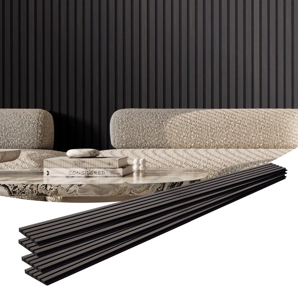 Akustikplatten, Akustikplatten, 2400 x 200 mm, MDF-Akzent-Holzwandpaneele für moderne Innenwanddekoration, Kunstholz-Wandpaneele zur Geräuschreduzierung, schwarze Eiche, 4er-Set