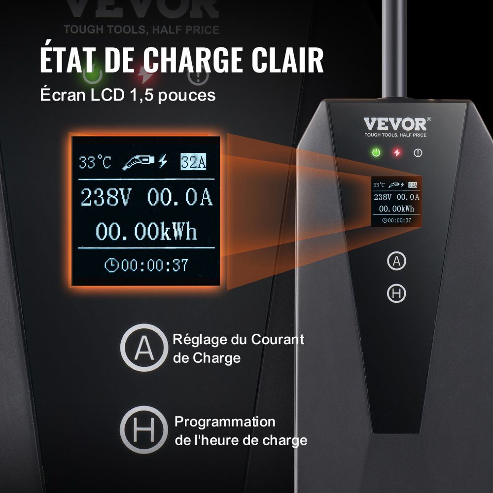 Tragbares EV-Ladegerät mit LCD-Display, 3,68-kW-Ladegerät für Elektrofahrzeuge, EV-Ladekabel Typ 2 (IEC62196), CEE 7/7-Stecker, 16 A, 1-phasige EV-Ladestation, 8,6 m Kabellänge, wasserdichte IP66-Wallbox