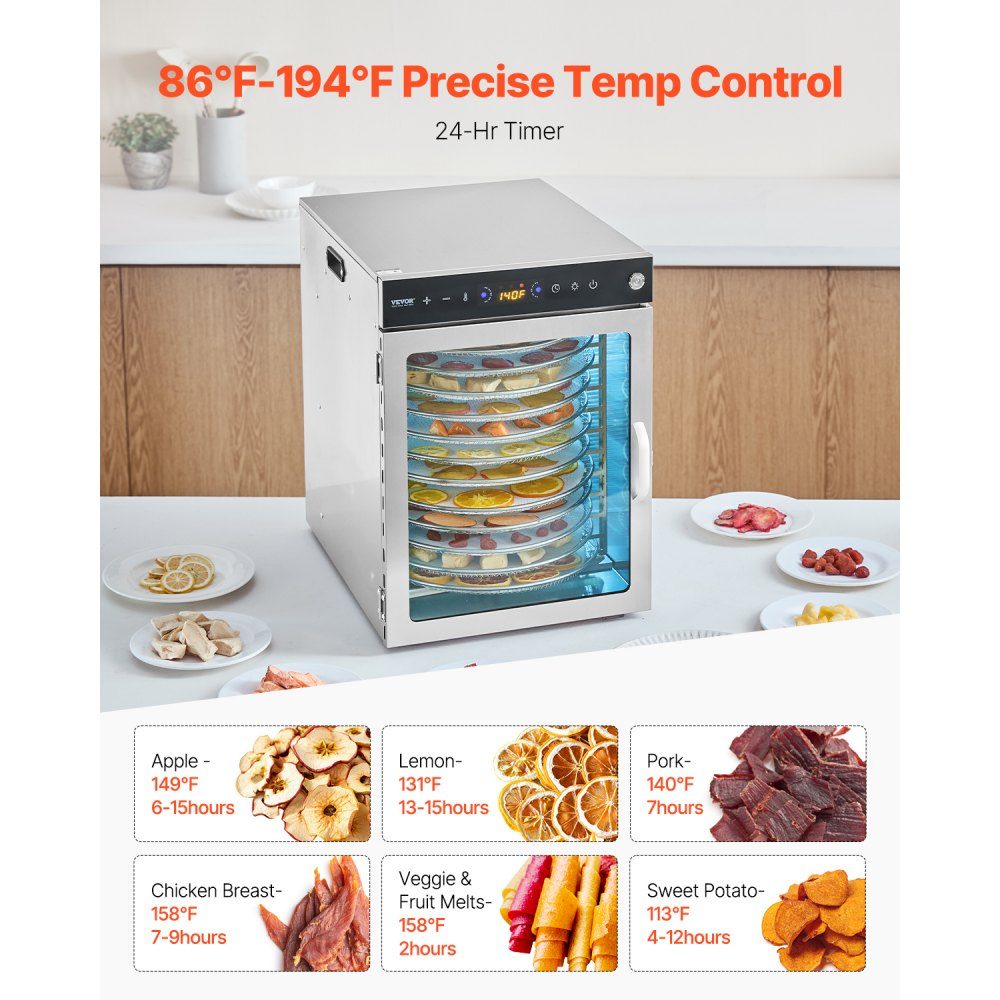 Dehydrator Dehydrator 12 roestvrijstalen kommen, 800 W elektrische voedseldroger met instelbare temperatuur, vriesdroger voor gedroogd vlees, vlees, fruit, groenten, kruiden, hondensnoepjes