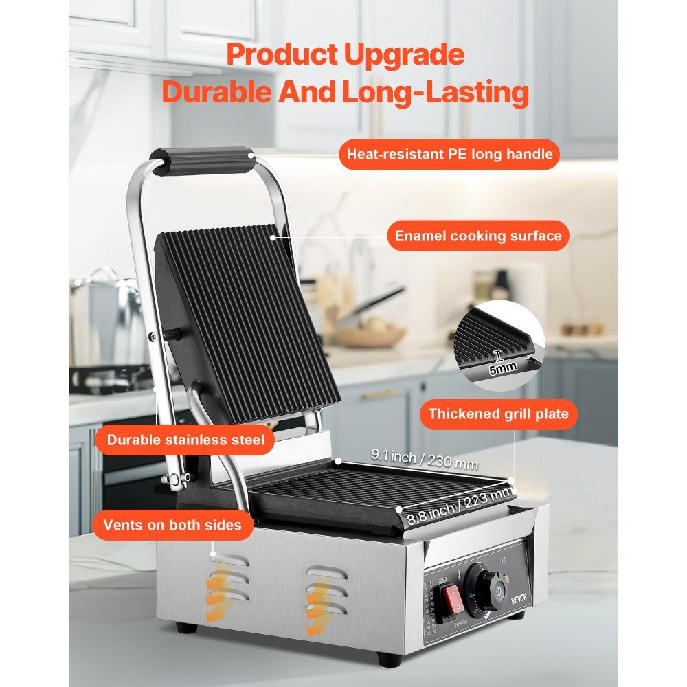 Commercial Panini Grill, Contact Grill 1800W, for Sandwiches, Steak, Bacon, Hamburgers, Sandwich Maker, Stainless Steel Press Grill with Handle & Temperature Controller & 22 x 23cm Heating Plate, Panini Press