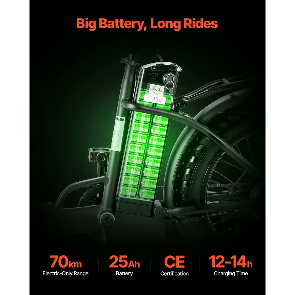 250W electric bike for adults with large removable 25Ah battery, 36V brushless motor with 25km/h, up to 70km maximum range, 7-speed pneumatic e-bike