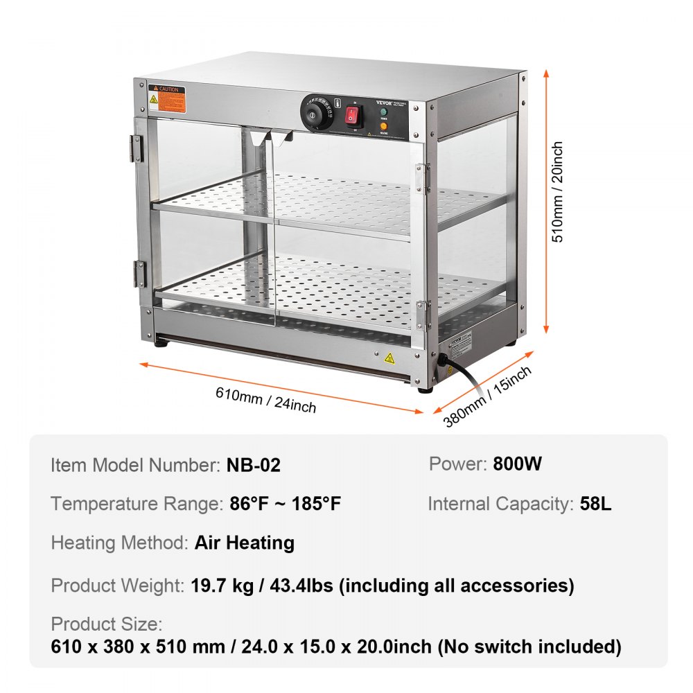 Chauffe-plats commercial à 2 étages, chauffe-plats 800 W avec lumière pour améliorer la présentation des aliments, contrôle de la température de 30 °C à 85 °C, grande capacité de 58 L pour hamburger, pizza, pain, poulet frit Chauffe-plats commercial à 2 étages, chauffe-plats 800 W avec lumière pour améliorer la présentation des aliments, contrôle de la température de 30 °C à 85 °C, grande capacité de 58 L pour hamburger, pizza, pain, poulet frit