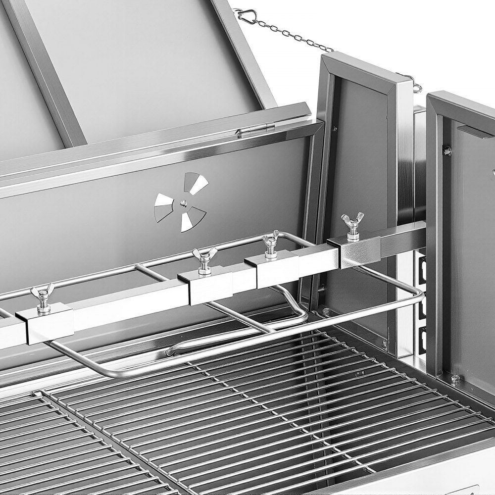 Drehspieß 38W Spanferkelgrill Lammgrill Holzkohlegrill (132cm Grilllänge) mit 60kg Belastbarkeit & Rollen & 4-fach Höhenverstellung & Deckel, Edelstahl Elektrogrill Set für Camping