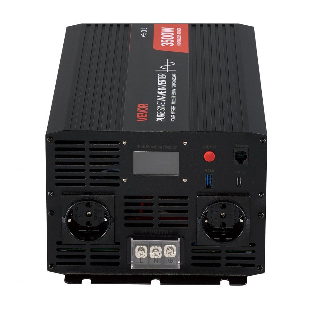 Przetwornica mocy 3500 W Przetwornica napięcia 12 V DC na 230 V AC Czysta fala sinusoidalna Konwerter ładowarki samochodowej na energię słoneczną z wyświetlaczem LCD Pilot zdalnego sterowania Port USB 2 gniazda AC Port typu C – Nr kat. HT-22251