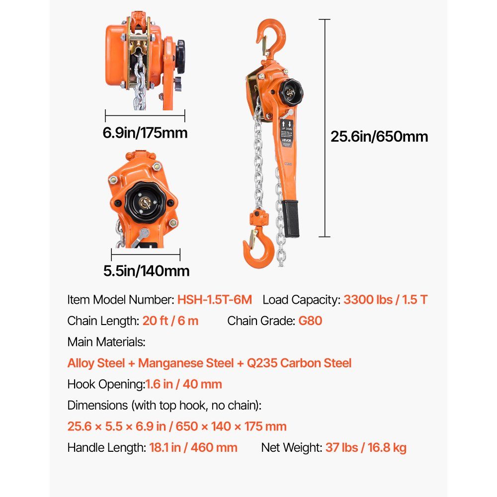 Lever Hoist 1.5T Capacity Hand Chain Hoist 6m Stroke G80 Alloy Steel Chain with Double Pawl Mechanical Brake 360° Swivel Hooks for Warehouse Construction Garage