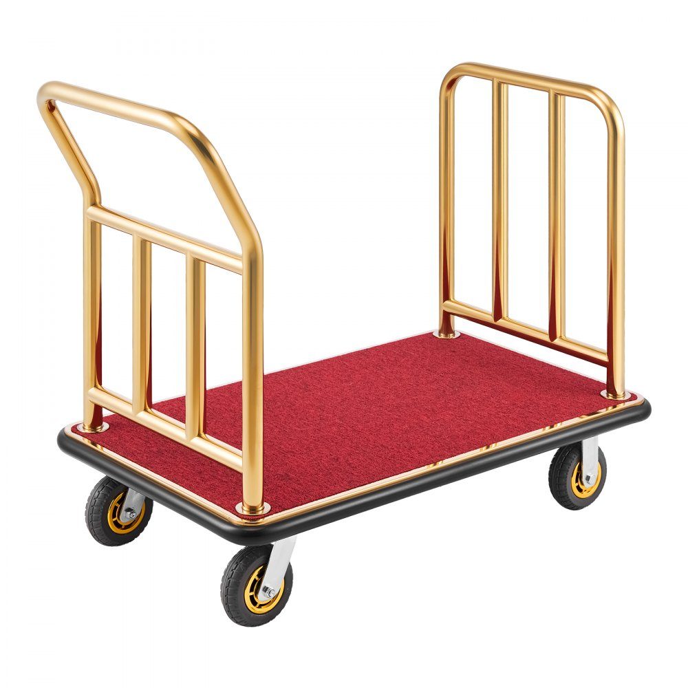 Stainless Steel Hotel Luggage Cart, 800lb Heavy Duty Luggage Cart with 6" Rubber Wheels, Red Carpet Hotel Cart, Commercial Platform Cart for Hotels, Vacation Rentals, Resorts, Gold
