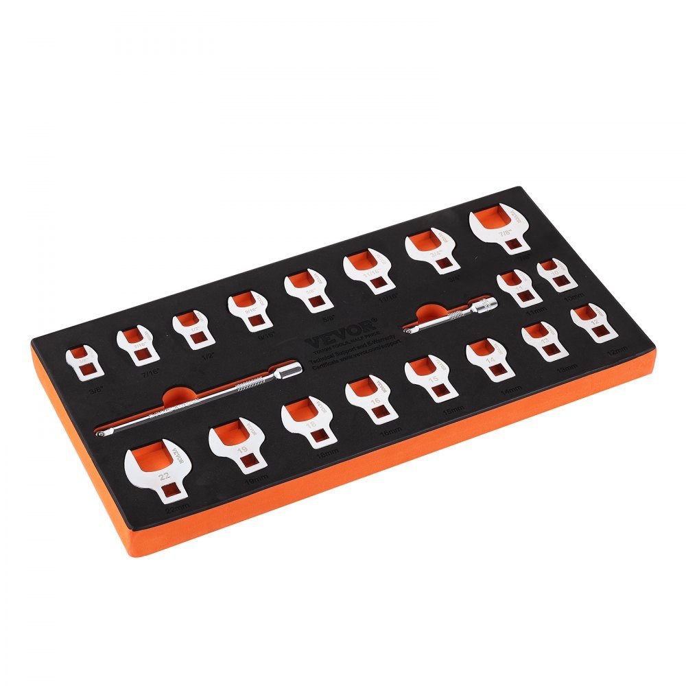 Crowfoot Wrench Set, 9.525mm Drive, 20 Piece Crowfoot Wrench Set with 2 Extension Bars and EVA Tool Organizer, SAE 3/8-2.22cm and Metric 10-22mm, 40CR Material