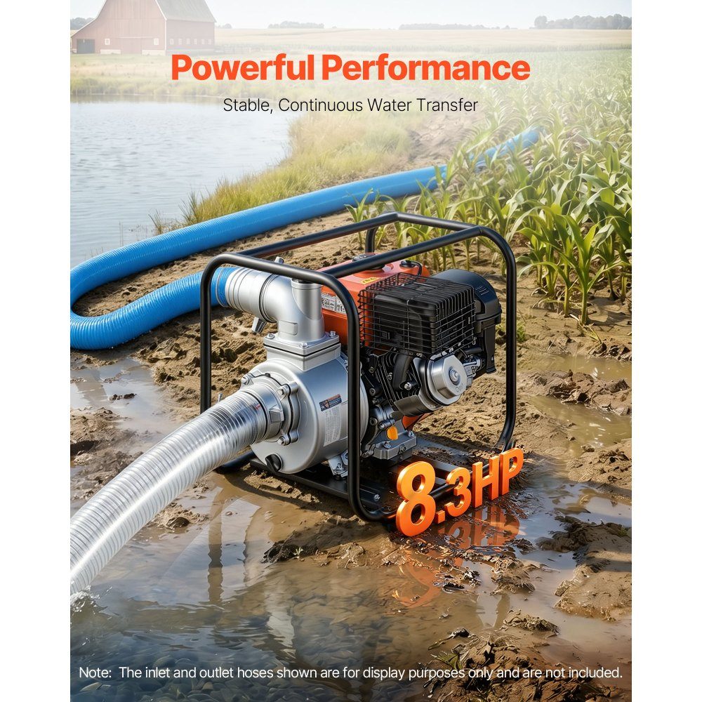 Pompe à eau essence 422 GPM, pompe à eau sale de 4 pouces, pompe à moteur de 8,3 CV portable avec tuyau de refoulement de 7,62 m et pompe de refoulement d'eau à turbine en fonte pour l'irrigation, le drainage, les chantiers de construction, les étangs