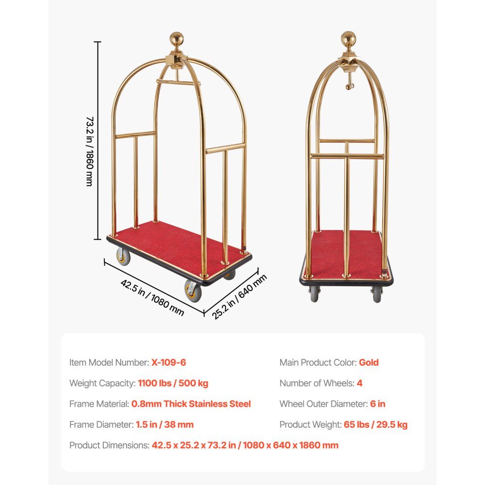 Hotel Luggage Cart 500kg Load Capacity Curved Stainless Steel Luggage Cart with Red Carpet Floor and 15cm Rubber Wheels Ideal for Hotels, Condominiums, Resorts