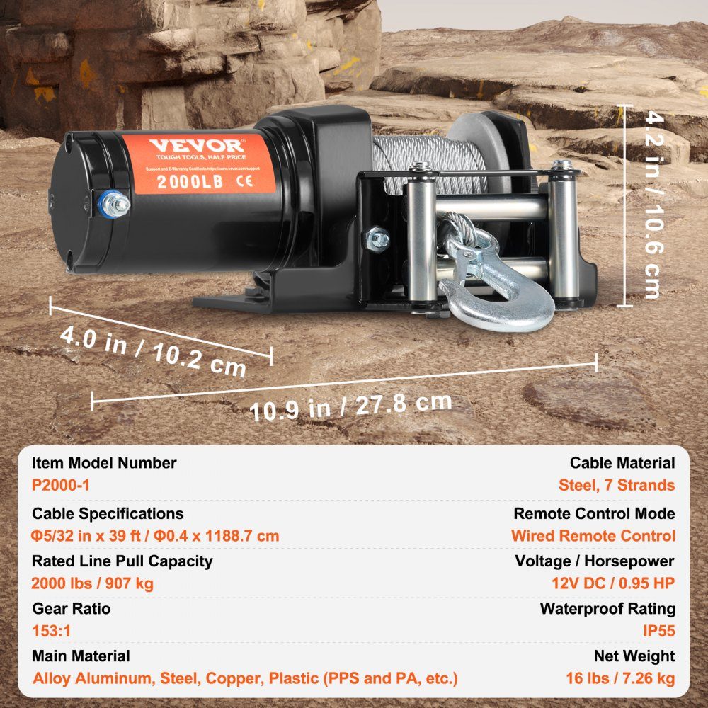 Electric Winch, 2000 Pounds Towing Capacity, 12V DC ATV/UTV Winch with Φ5/32" x 39ft 7-Strand Steel Cable Reel, Cable Remote Control, IP55 Waterproof for Off-Road UTV ATV Towing
