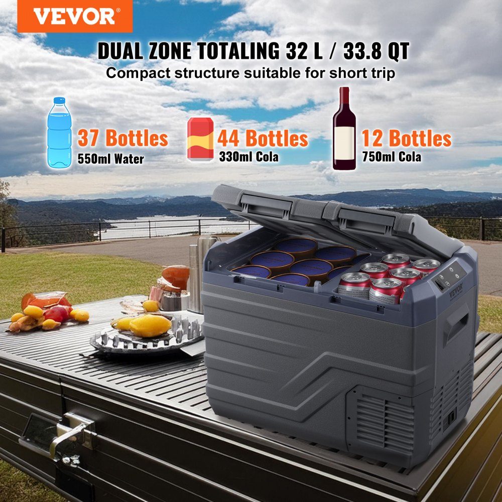 Car Fridge, 32L Portable Dual Zone Freezer, 12V Car Fridge, Adjustable Range from -4℉ to 68℉, 12/24V DC and 100-240V AC Compressor Cooler for Camping, RV