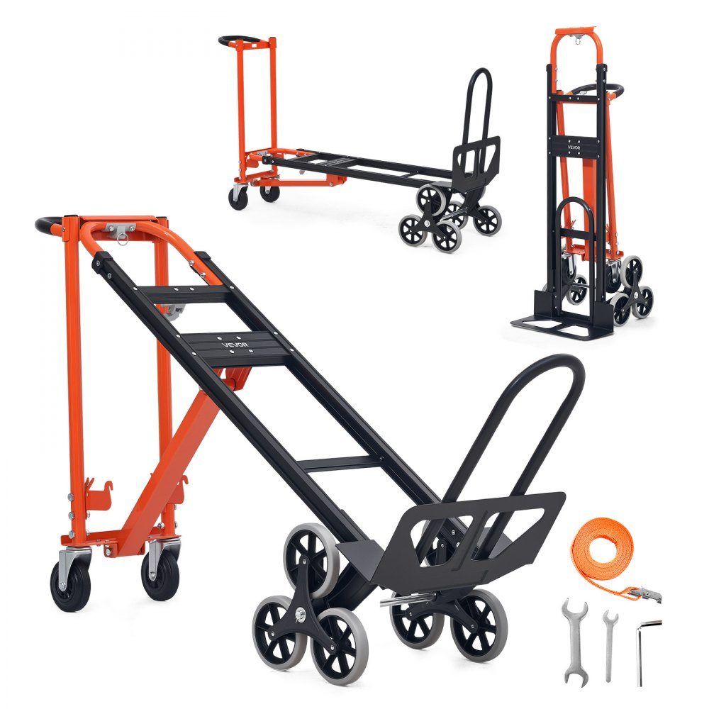 3-in-1 stair truck, sack truck max. load capacity 350 kg, folding transport trolley with handle & wheels, stair climber transport trolley, stacking trolley, stair climber trolley, orange & silver
