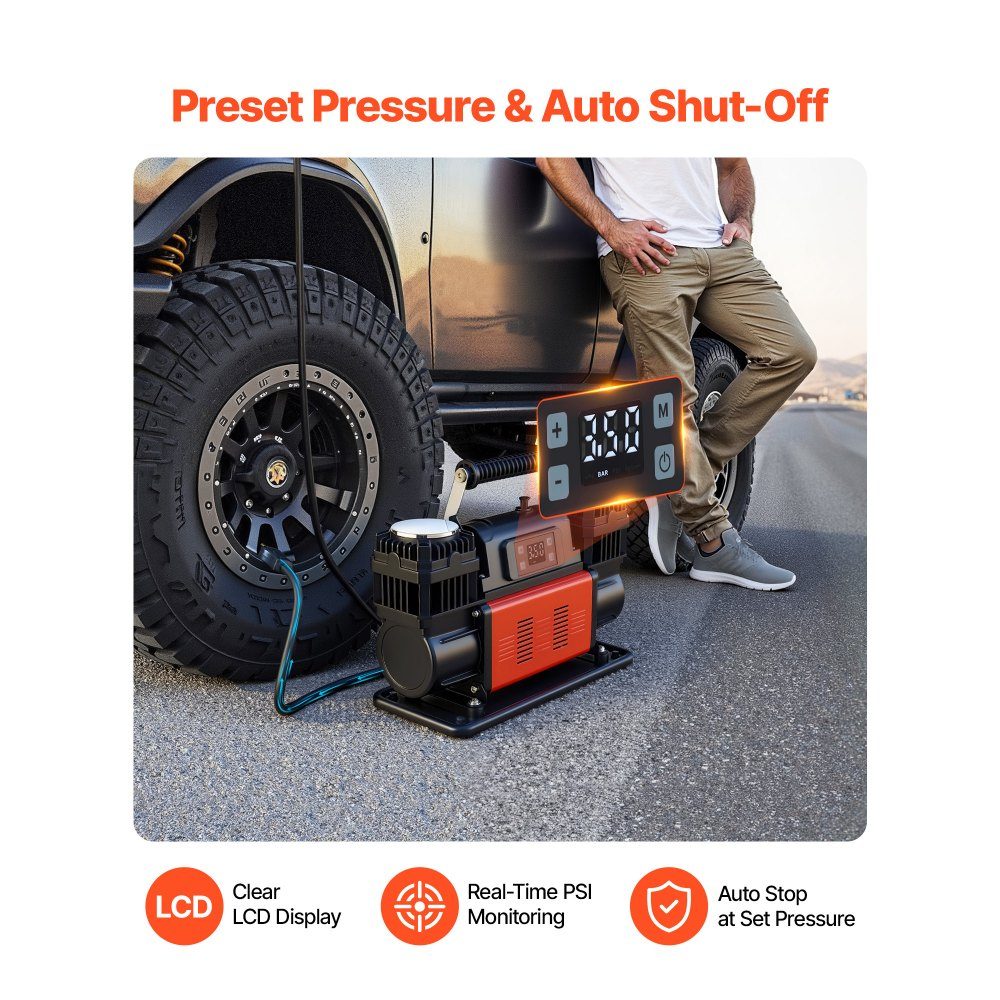 Air Compressor Dual Cylinder 300L/min Auto Shut-off Tire Inflator 12V 10.3bar Off-Road Air Pump with LCD Digital Display and Adapters for Trucks, Cars, SUVs, SUVs and RVs