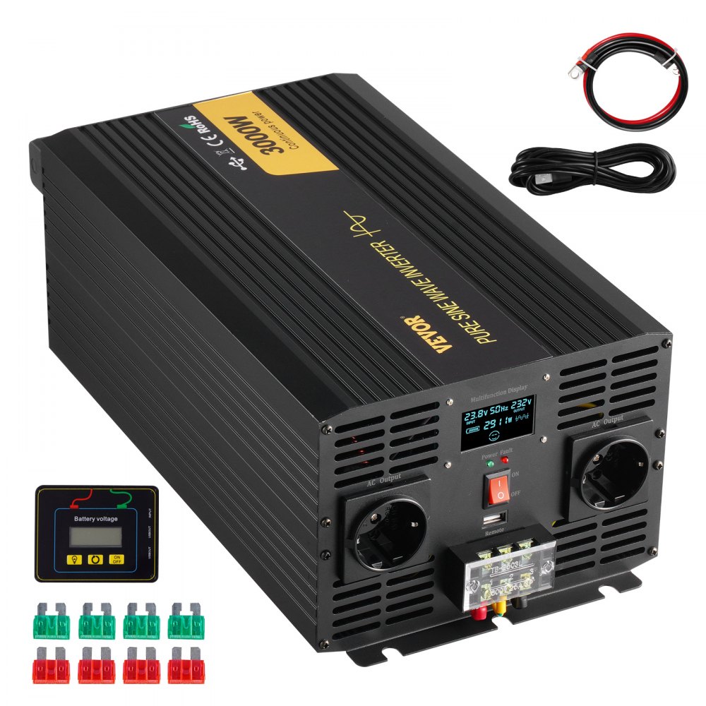 Onduleur à onde sinusoïdale pure 3000 W DC 24 V vers AC 230 V pour voiture avec port USB, écran LCD, télécommande et prises UE pour camping-car, camion, voiture, système solaire, voyage, camping Onduleur à onde sinusoïdale pure 3000 W DC 24 V vers AC 230 V pour voiture avec port USB, écran LCD, télécommande et prises UE pour camping-car, camion, voiture, système solaire, voyage, camping