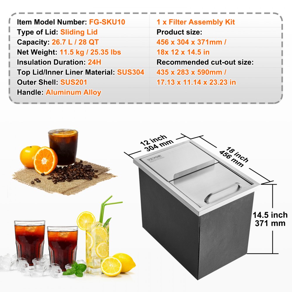 26.7L Drop-in Ice Box, 456 x 304 x 371mm Stainless Steel Ice Cooler, Commercial Ice Container with Sliding Lid, Integrated Ice Storage Box, Drain Pipe and Drain Plug Included 26.7L Drop-in Ice Box, 456 x 304 x 371mm Stainless Steel Ice Cooler, Commercial Ice Container with Sliding Lid, Integrated Ice Storage Box, Drain Pipe and Drain Plug Included