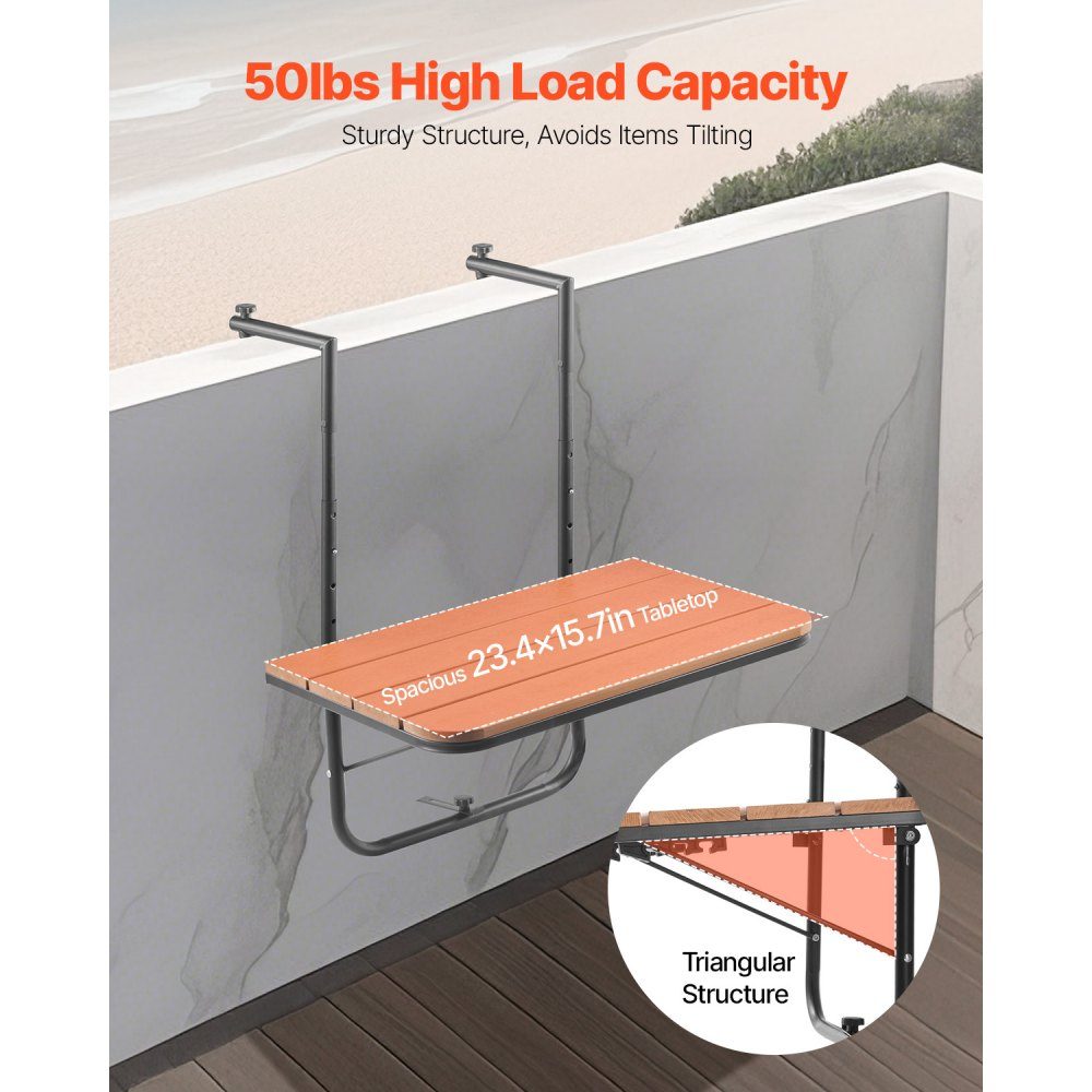 Balkontisch, 595 x 400 mm, klappbarer Balkon-Hängetisch, Klapptisch für Außengeländer, 4 Ebenen verstellbar, passend für Geländer von 2,54 bis 21 cm, Serviertisch für Terrasse und Deck