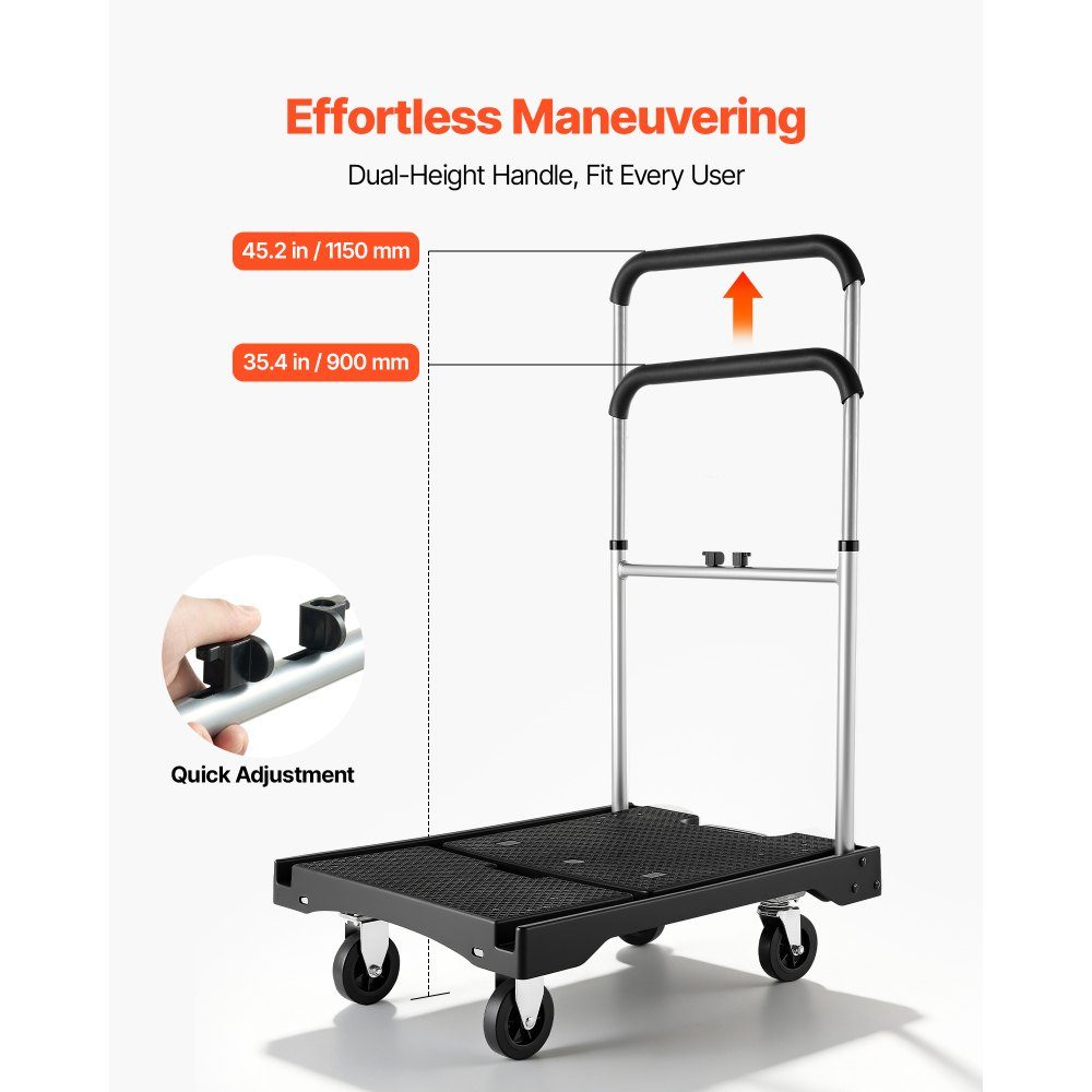 Folding platform trolley 150 kg, transport trolley with swivel castor, hand trolley with non-slip loading surface and adjustable handle, folding trolley transport aid, 680x495x1150 mm trolley for warehouse
