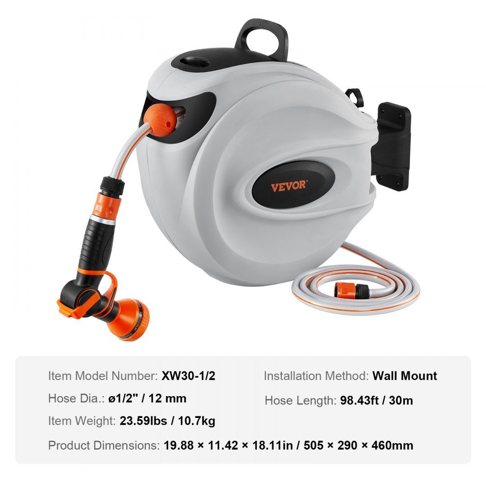 Hose Reel 12mm x 30m Wall Mounted Hose Reel Wall Hose Box with 9 Pattern Nozzle, Automatic Slow Return System and 180° Swivel Bracket