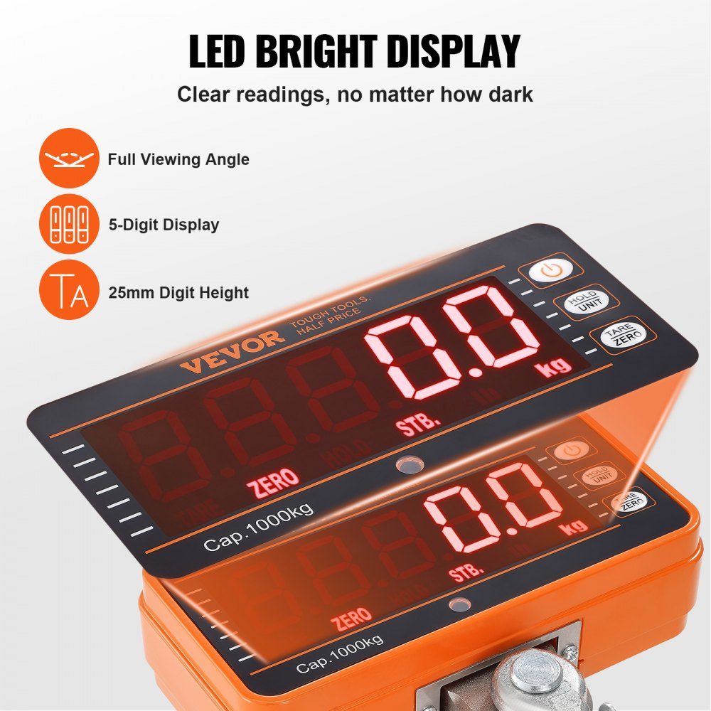 Digitale Hängewaage, 9 bis 1000 kg, Kranwaage, lbs/kg/N, Zugwaage, 0,2 kg Genauigkeit, Spielwaage, Industriewaage, LED-Display, Hängewaage, tragbare Mini-Waage mit Fernbedienung, 9 Funktionen