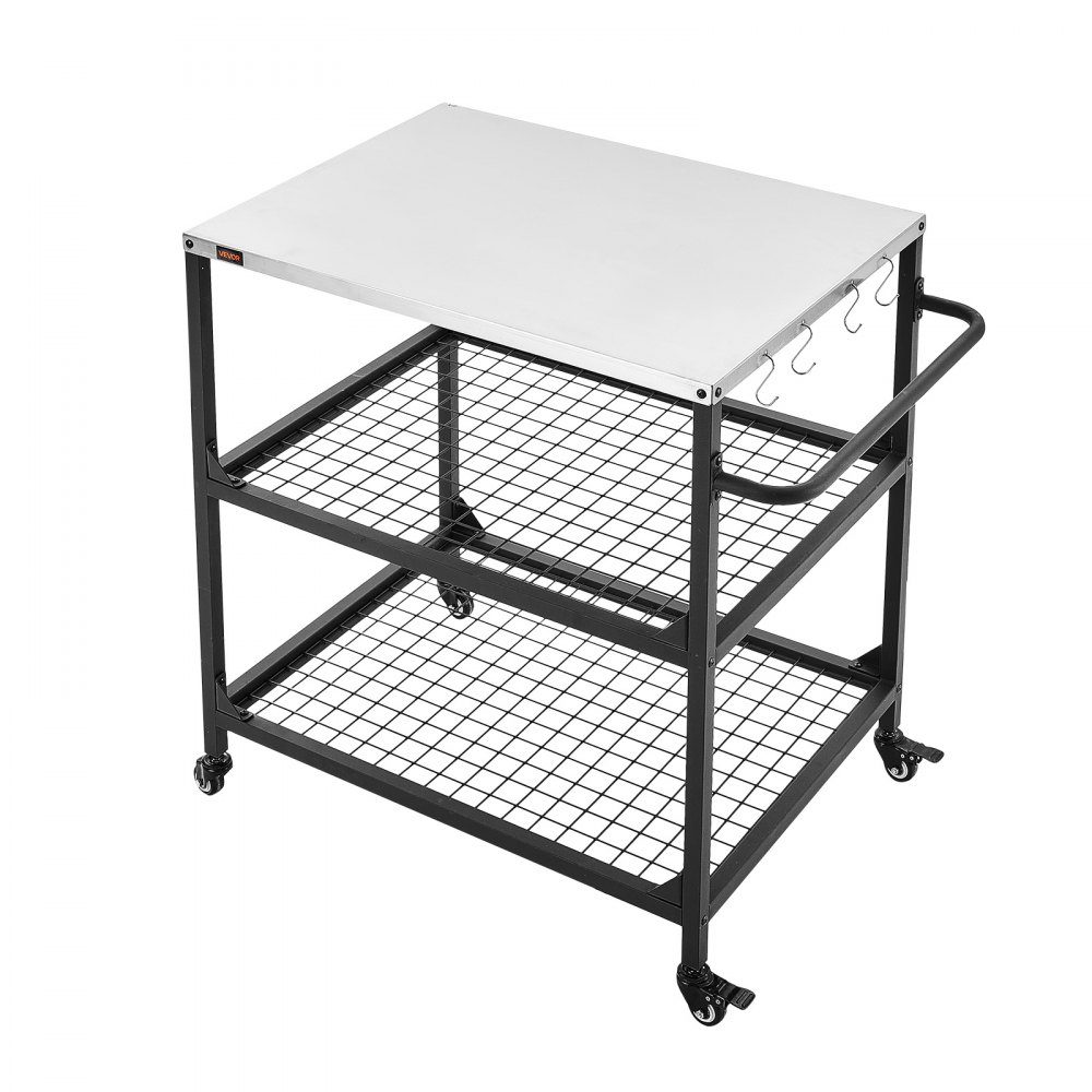 Chariot barbecue extérieur 80 x 61 cm (taille plateau table), table barbecue roulante avec poignée latérale & 2 étagères grillagées & 4 roulettes, table de préparation barbecue, chariot de service pour pique-nique, cuisine, jardin