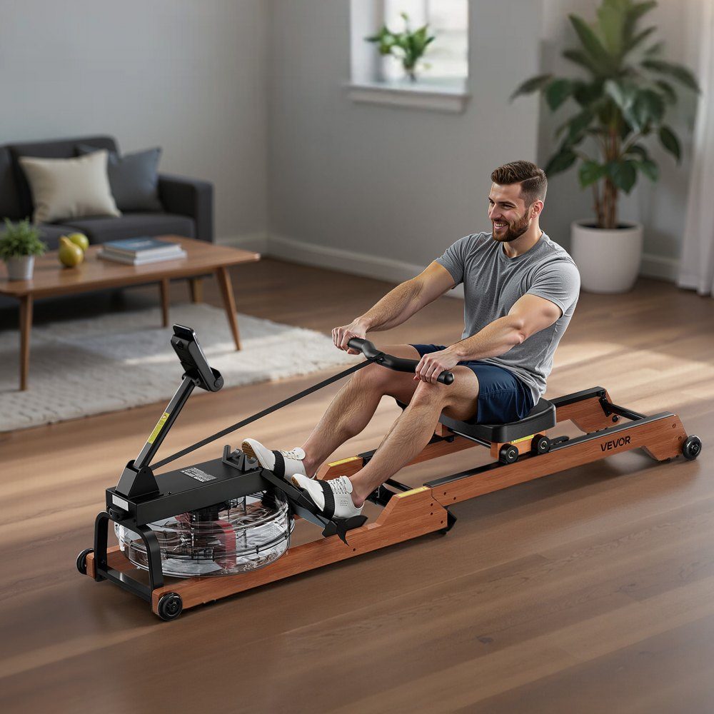 Rowing Machine 6 Level Quiet Resistance, Foldable Wooden Water Rowing Machine mit 14-l-Wassertank and LCD Monitor, Bluetooth App Compatible, 158kg Weight Capacity, Immersive Rowing Machine