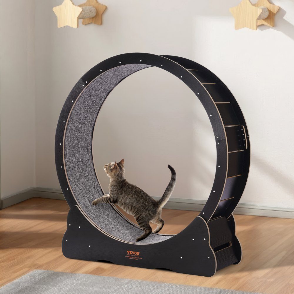 Katzenlaufrad aus Holz, 110 cm großes Katzenlaufband für Hauskatzen, Katzenlaufrad mit abnehmbarem Teppich und Katzenangel zum Laufen/Gehen/Training, geeignet für die meisten Katzen, Schwarz