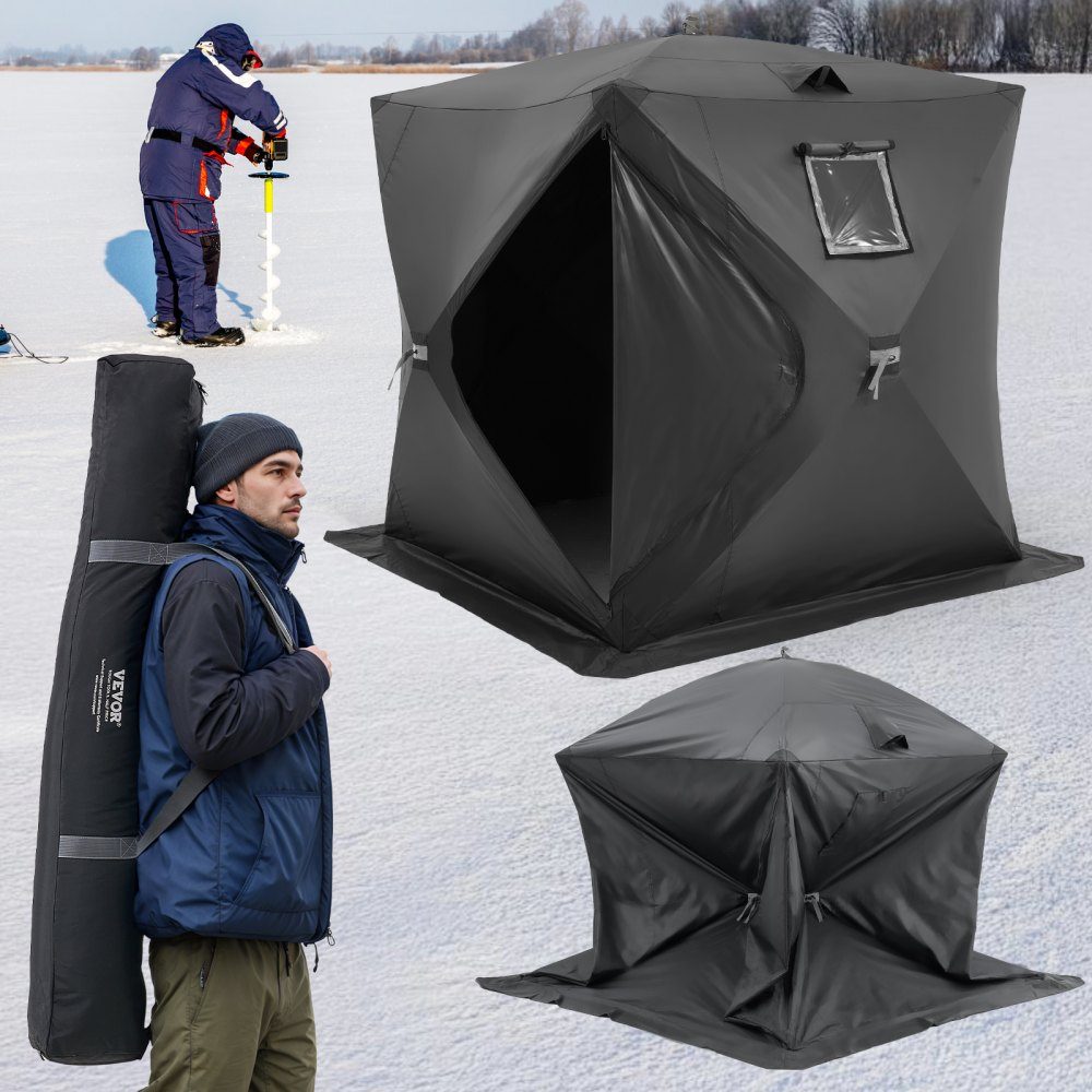 Tente de pêche sur glace portable, tente de pêche sur glace pour 3-4 personnes, tente de pêche, parapluie de pêche, cabane de glace thermique pour la pêche d'hiver, tente avec ancres, cordes, sac de transport, 2,3 x 2,3 x 2 m, noir