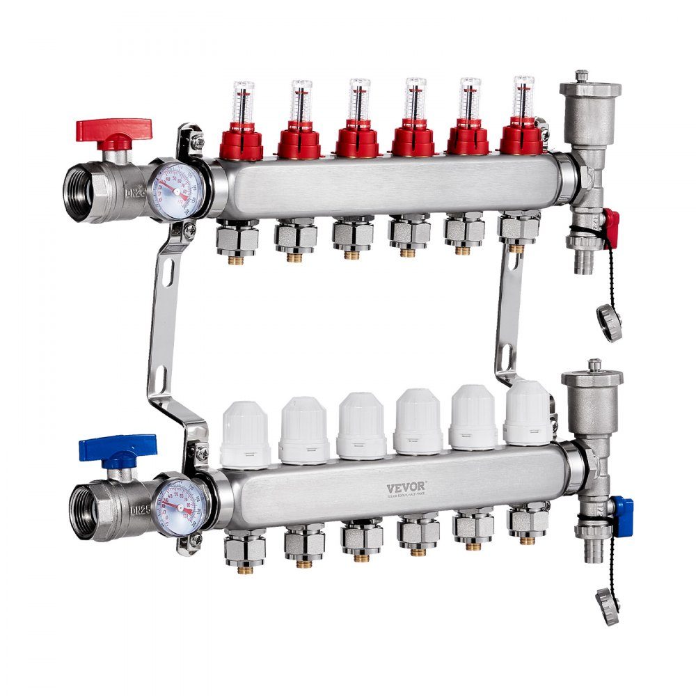Wärmeverteiler mit 6 Zweigen, 1/2-Zoll-PEX-Rohrverteiler, PEX-Verteiler aus Edelstahl für hydronische Fußbodenheizung, Wärmeverteilungs-PEX-Verteiler-Kit mit 1/2-Zoll-Adaptern im Lieferumfang enthalten