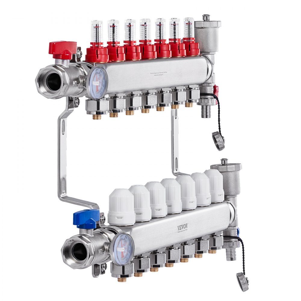 7 Branch Heat Distribution Manifold, 1/2" PEX Pipe Manifold, Stainless Steel PEX Manifold for Hydronic Underfloor Heating, Heat Distribution PEX Manifold Kit with 1/2" Adapters Included