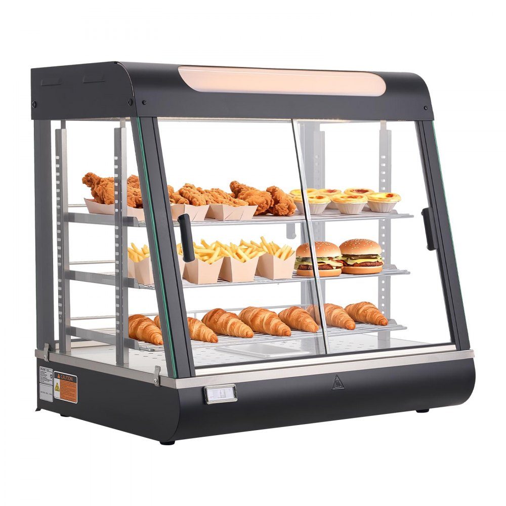 Table chauffante à 3 étages 100 L, vitrine chauffante 1200 W, table chauffante 30-85 °C, chauffe-plats avec éclairage LED et étagères réglables, vitrine alimentaire pour hamburgers, pizza, pain, poulet rôti