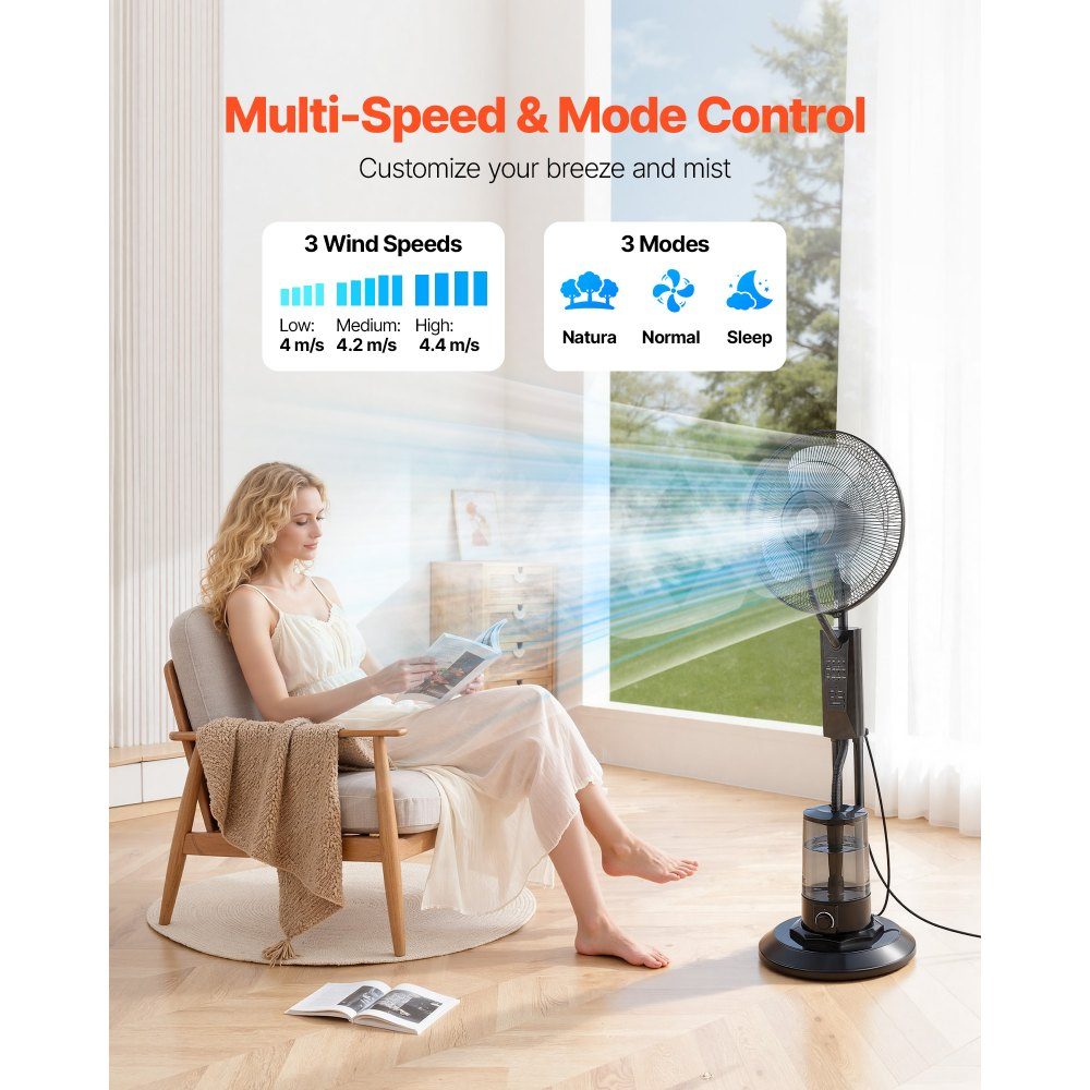 Standventilator mit Nebel, 75-W-Ventilator mit 3-Liter-Wassertank, 3 Windstufen, Timer und Fernbedienung, Luftbefeuchter mit Sprühsystem für Innen- und Außengarage, Terrasse, Wohnzimmer, 3 Modi