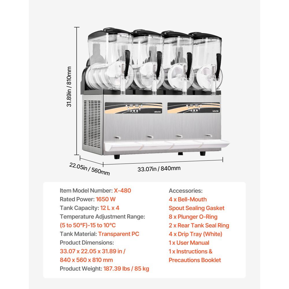Slush Machine 4 x 12L, Slush Ice Cream Machine 1650W (No Ice Required), Electric Margarita Machine with Self-Cleaning Function, Suitable for Frozen Margaritas, Frappes, Milkshakes, Shakes