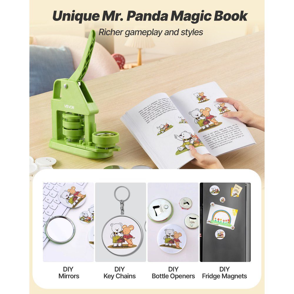 Button Machine 58mm Button Maker Machine with 100 Button Parts Mr. Panda Magic Book Circle Cutter & Allen Key Pin Maker Button Maker for DIY Badges & Personalized Pins