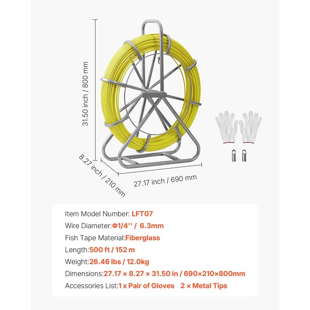 Fiberglass cable wheel 152 m Ø6.3 mm fiberglass rod, fish tape with stand, cable pulling aid with markings, cable threader, cable puller for walls & electrical installation pipes, non-conductive
