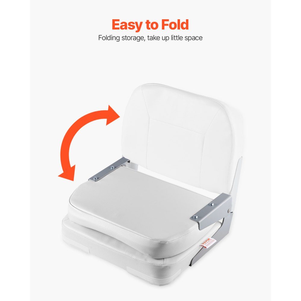 1 Piece Boat Seat Low Back Folding Fishing Boat Seat with Thick Sponge Cushion and Waterproof Hinges Made of PVC Leather and Aluminum Alloy for Yachts Boats White