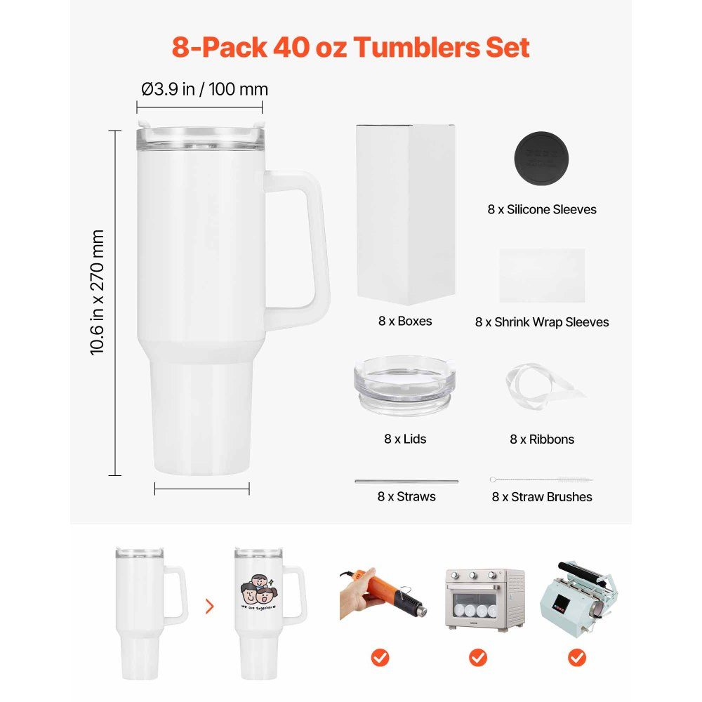 Sublimation Mugs 8pcs (1183ml), Stainless Steel Sublimation Mugs with Lid & Straw & Handle, Double Wall Insulated Sublimation Blanks for Custom DIY Design Gifts