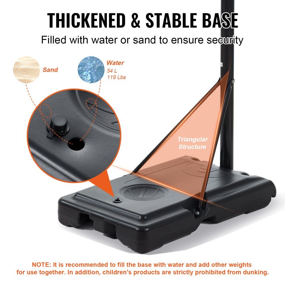 Panier de basket-ball d'extérieur, support de basket-ball réglable en hauteur de 122 à 305 cm, système de basket-ball noir résistant aux intempéries et à la rouille, support de panier de basket avec mobile à eau ou à sable
