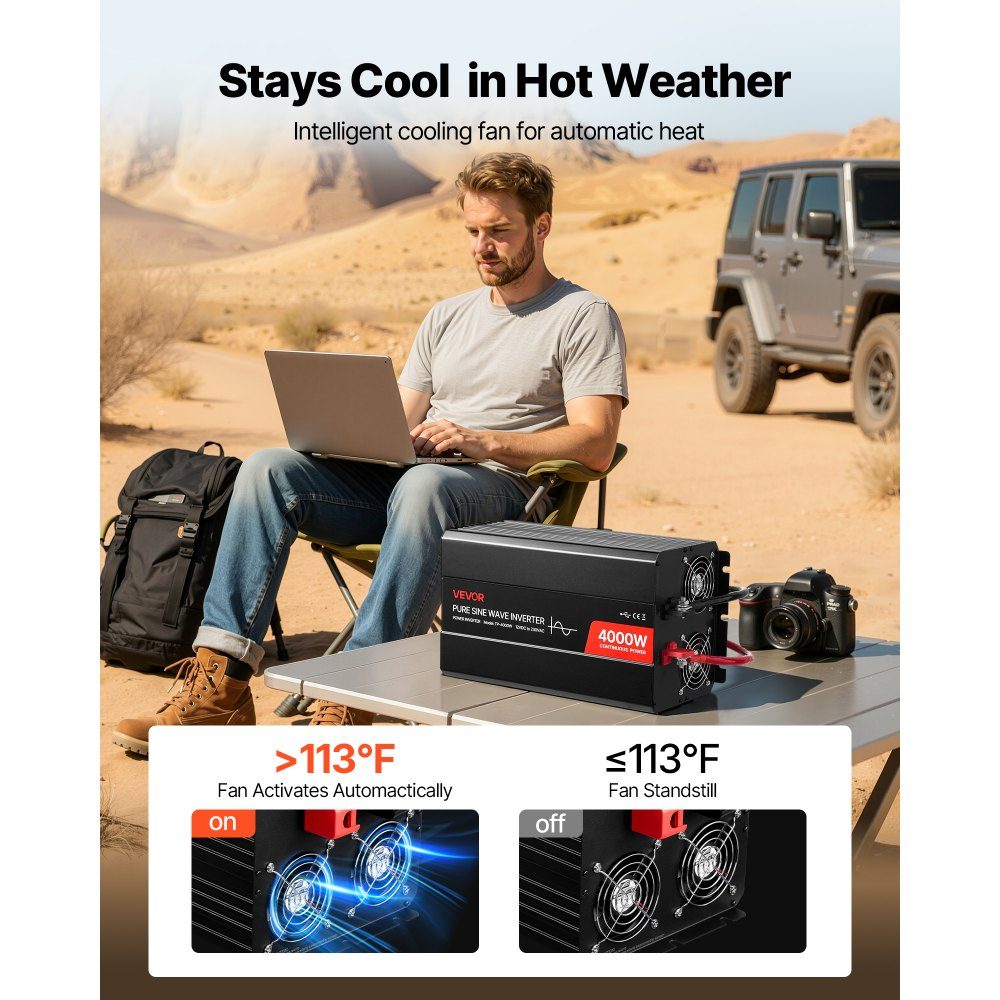 4000 W stroomomvormer 12 V DC naar 230 V AC zuivere sinusomvormer met LCD-scherm, afstandsbediening, 2 USB-poorten, 2 AC-aansluitingen, Type C-poort voor campers, vrachtwagens buiten – Artikelnr. HT-22433