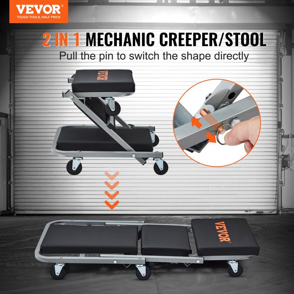 2 in 1 car workshop rolling board, workshop lounger, assembly lounger, workshop stool, 915 x 415 x 128 mm, assembly rolling board seat, steel + vinyl, 360° rotating wheels, folding seat, load capacity up to 136 kg, rolling lounger