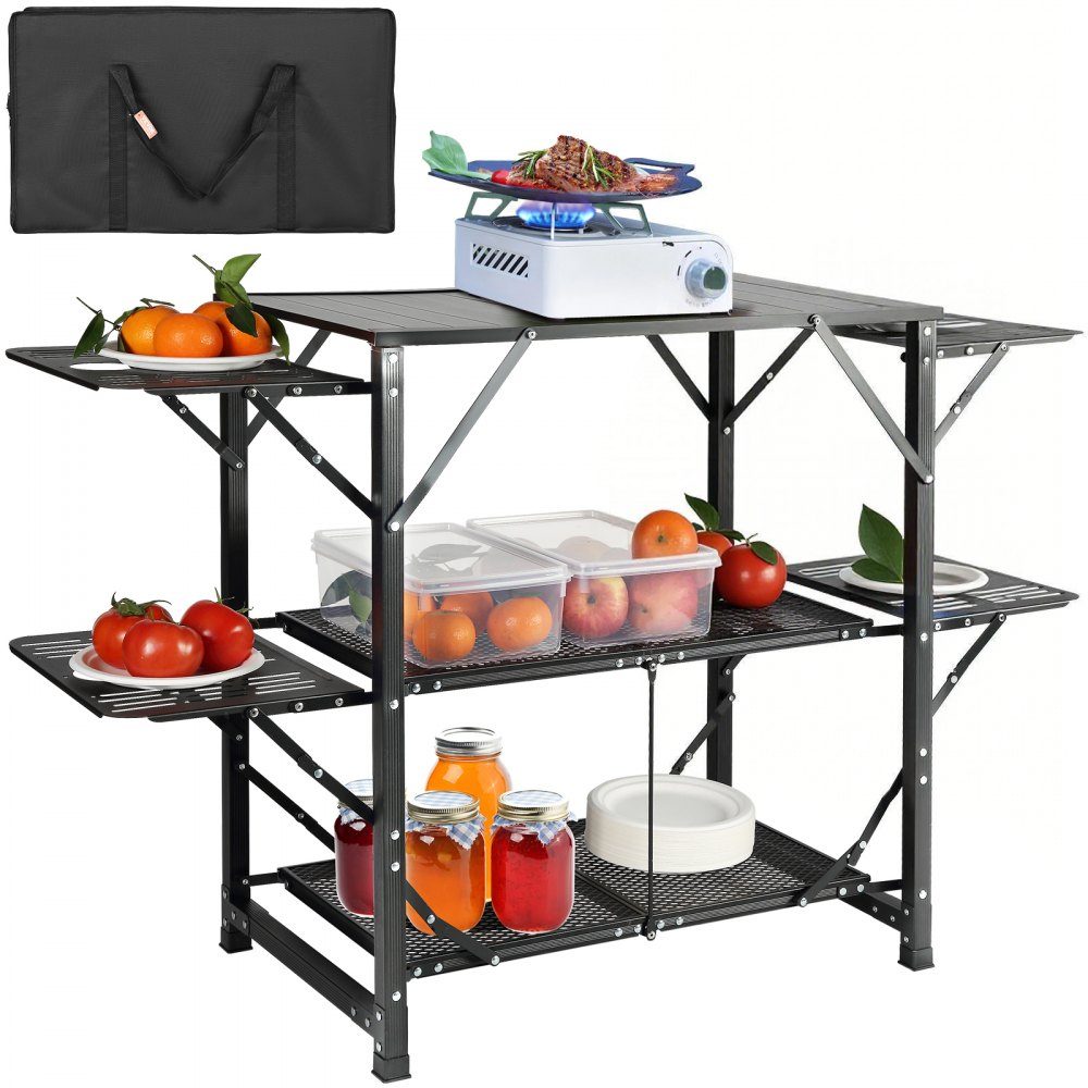 Aluminum Camping Kitchen Table Foldable Portable Outdoor Cooking Station with 4 Iron Sides, 2 Shelves and Carry Bag, Quick Installation for Picnic, BBQ, Beach, Travel etc
