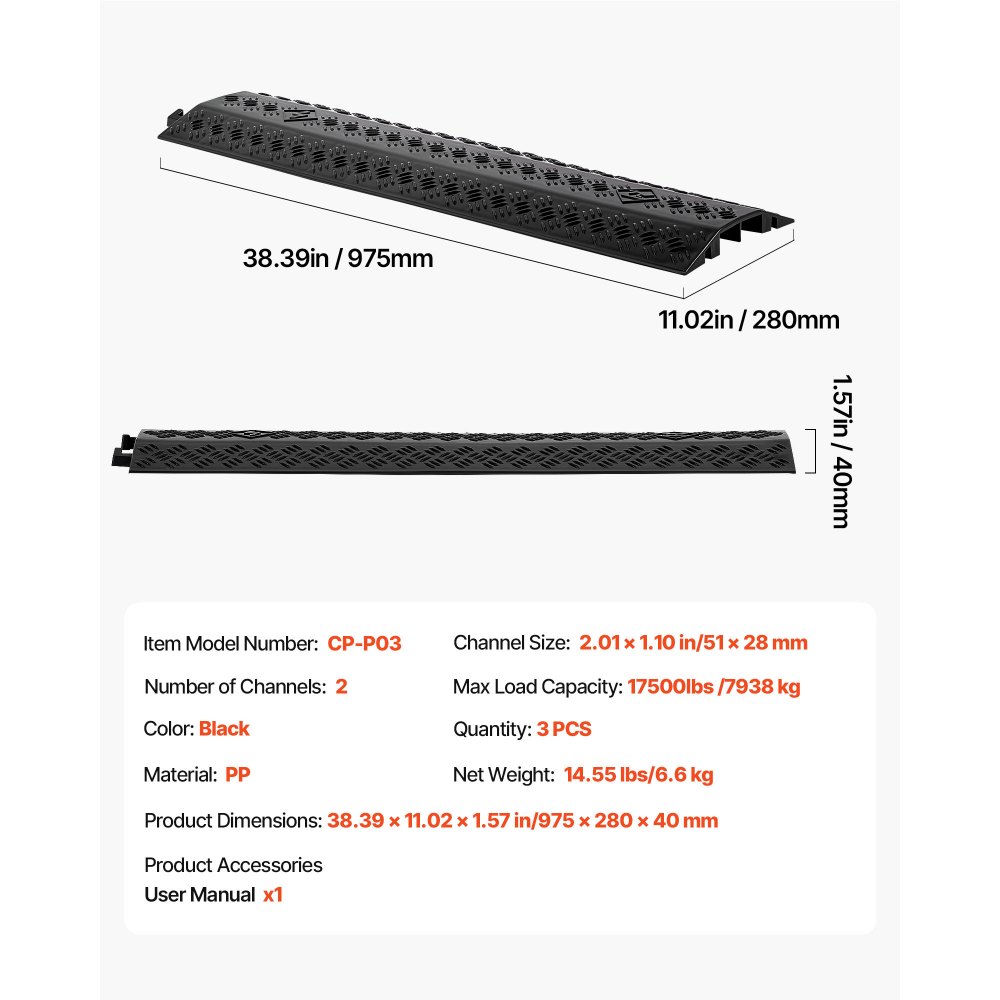 975 mm kabelbrug 7938 kg/ascapaciteit Heavy Duty PP-overschrijdingsbeveiliging Struikelbescherming Vloerafdekkingen voor gebieden met hoge drempels Thuiskantoor Magazijn 3 stuks
