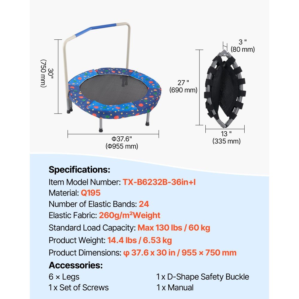 Kindertrampolin, Outdoor-Trampolin, 36 Zoll, faltbares Trampolin mit Griff, Rebounder-Trampolin, Gartentrampolin für Kleinkinder, Geburtstagsgeschenk für Kinder ab 3 Jahren, 100 kg Tragkraft, Blau