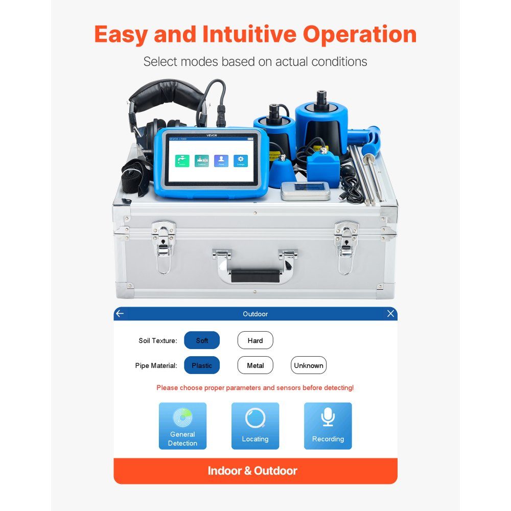 Leidingwaterlekdetector met 4 sensoren, 1 Hz - 10.000 Hz, 7 inch touchscreen, ondergrondse pijpdetector met 3 luisterstaven, hoofdtelefoon, kaart van 8 GB en draagtas