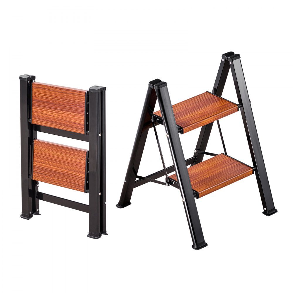 Trapladder 2 treden, vouwladder met antisliptreden in houtlook, huishoudladder 150 kg draagvermogen, aluminium veiligheidsladder, trapladder voor doe-het-zelf- en schoonmaakwerkzaamheden