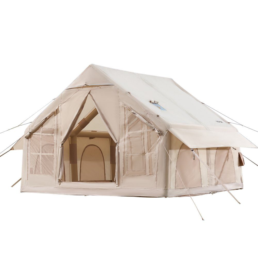 Opblaasbare kampeertenten 3 x 3 x 2,3 m 4-6 personen 300D Oxford 4-seizoenen glampingtent met handpomp, kachelaansluiting, 2 deuren en 4 gaasramen, inclusief opbergtas voor transport